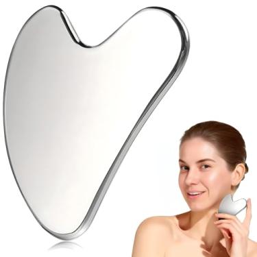 Imagem de Ferramenta facial de aço inoxidável, guasha de metal para rosto e corpo, massageador redutor de inchaço com bolsa, prata