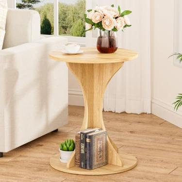Imagem de Mesa lateral redonda pequena – mesa de centro com detalhes de madeira para sala de estar, mesa de cabeceira circular moderna com pedestal para pequenos espaços, sofá de quarto, mesa de cabeceira