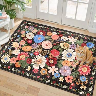 Imagem de Babovid Tapete floral para entrada, tapete de cozinha lavável 5,5 x 7,5 cm, ultrafino, macio, antiderrapante, resistente a manchas, boêmio, pequeno, de pelo baixo, para banheiro e quarto (2 x 3