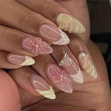 Imagem de Arte de unhas de borboleta floral 3D - unhas removíveis de pressão com base nude natural, sem necessidade de cola/sem polimento, perfeita para viagens diárias/encontros