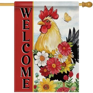 Imagem de Dyrenson Bem-vindo primavera verão galo 71 x 101 bandeira de casa dupla face, animal de fazenda margarida flor vermelho jardim decoração de quintal, borboleta de fazenda serapilheira decoração ao ar