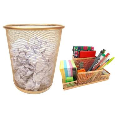 Imagem de Lixeira Aramada Dourado Escritório e Kit Organizador de Mesa Porta Can