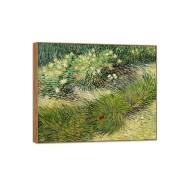 Imagem de BMZFYBS Vincent van Gogh Famosa pintura em tela de arte de parede pronta para pendurar. Gramado com borboletas. Imagem em moldura de madeira para decoração de sala de estar 70 x 85 cm 27 x 33 pol