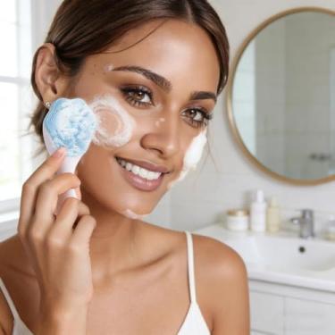 Imagem de 1 escova manual de limpeza facial em forma de pata de gato, uma ferramenta de beleza para limpar e esfoliar o rosto