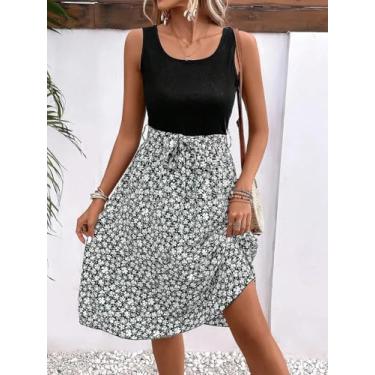 Imagem de Vestido feminino midi floral preto e verde - vestido casual de verão com cintura amarrada sem mangas, Verde, M