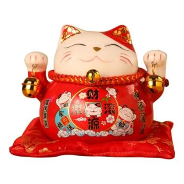 Imagem de FENNYYAR Maneki Neko de cerâmica vermelha fofa feita à mão, 12 cm, presente de decoração de casa de abertura de loja