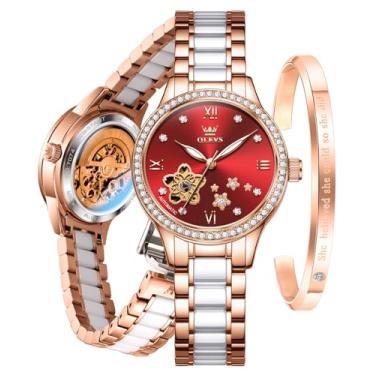 Imagem de OLEVS Relógios femininos automáticos de luxo com diamante para mulheres, pulseira de cerâmica, impermeável, conjunto de pulseira e relógio feminino, 7074: mostrador vermelho e ouro rosa