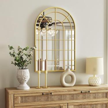 Imagem de Espelho de janela arqueado dourado - Espelho decorativo grande para decoração de parede 91 cm x 61 cm, ideal para entrada, lareira, sala de estar, banheiro