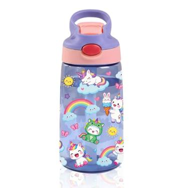 Imagem de CGMIBAS Garrafa de água infantil unicórnio de 400 ml com canudo - Garrafa de água arco-íris para escola, à prova de vazamento, leve, garrafas de plástico duráveis para viagens infantis, capa de canudo