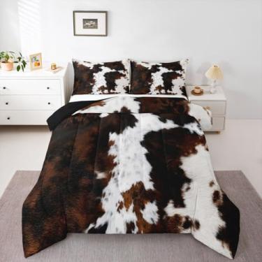 Imagem de jejeloiu Conjunto de edredom King com estampa de pele de vaca do oeste da fazenda para crianças, meninos, meninas, edredom de couro de vaca, decoração de quarto de fazenda, microfibra, 3 peças com 2
