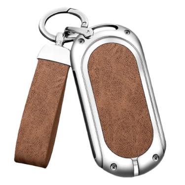 Imagem de Capa de couro para chave de metal de carro compatível com Benz S GLC EQE EQS classe chaveiro acessórios de proteção interna(Silver-Brown Set1)