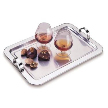 Imagem de Bandeja Inox Retangular Grande Com Alças Servir Decorativa 28x42 Cm Mu