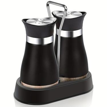 Imagem de Conjunto de 2 peças de saleiro e pimenteiro com suporte – Saleiro e pimenteiro modernos, recarregáveis, recipientes de 113 g (preto)