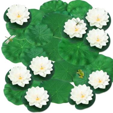 Imagem de Zeyune 24 peças de flores de lótus de espuma flutuante artificial com folhas de lótus artificiais, almofadas de lírio falsas para decoração de jardim (branca)