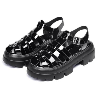 Imagem de Coutgo Sandálias Femininas Plataforma Salto Grosso Gladiador Tira No Tornozelo Sola De Strass Verão Pescador Sapatos Y2K Preto Legal