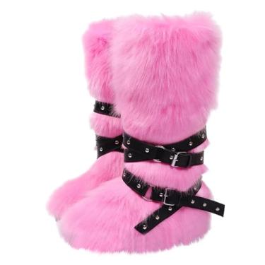 Imagem de Botas de neve femininas modernas, casuais, de salto plano, cano alto, quente, inverno, cano longo, picante, alça, plus de veludo, cabeça redonda, cano médio, rosa, 15