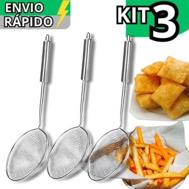 Imagem de Kit 3 Escumadeira Peneira em Inox 33cm Para Fritura Fritar Pastel Bata