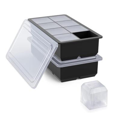 Imagem de Bangp Bandejas grandes para cubos de gelo com tampa, 2 pacotes de moldes quadrados para cubos de gelo fazem 16 cubos de gelo grandes de 5 cm, bandeja de silicone de fácil liberação para coquetéis