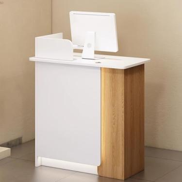 Imagem de Balcão de recepção, balcão de caixa de varejo com luzes LED, mesa de recepção para salão de beleza, com gaveta com trava moderna balcão de varejo para salão de beleza e supermercado (Wh