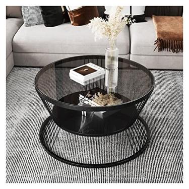 Imagem de Exibe mesa de centro redonda de 2 camadas de 59,9 cm com prateleira de armazenamento aberta para sala de estar, mesa de vidro tempared, moldura de metal, centro simples e moderno para pequenos espaços