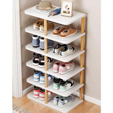 Imagem de Porta-sapatos de madeira pequeno organizador de armazenamento para entrada, rack de sapatos estreito independente de 6/7/8 níveis para foyers, corredores e quartos - branco