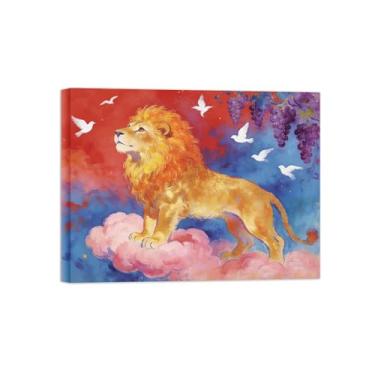 Imagem de Impressão em tela de arte de parede animal - Leão nas nuvens - Pintura de decoração moderna - Imagens para casa pronta para pendurar tela emoldurada 60 x 80 cm 24 x 31 polegadas