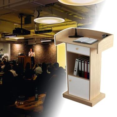 Imagem de Suporte de pódio minimalista moderno com rolha de borda, mesa de apresentação de chão para ensino, hospedagem e falar em público (branco)