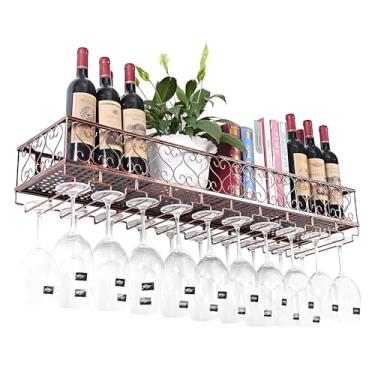 Imagem de Prateleira de vinho de bronze montada na parede - Prateleiras de bar flutuante industrial com suporte de vidro e exibição de garrafa de licor, rack de armazenamento de vinho com economia de espaço (80