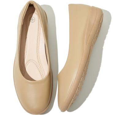 Imagem de Shupua Sapatilhas Femininas Confortáveis, Pretas, Bico Redondo, Bailarina, Sapatos Sociais De Couro Para Trabalho E Escritório (Nude.Us9)