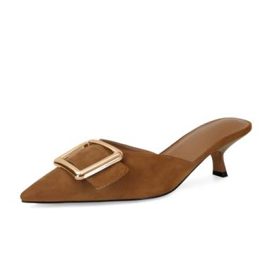Imagem de ZJGZF Salto gatinho de malha feminino bico fino fechado sem costas stiletto slingback salto baixo sapatos confortáveis, W - Marrom, 35