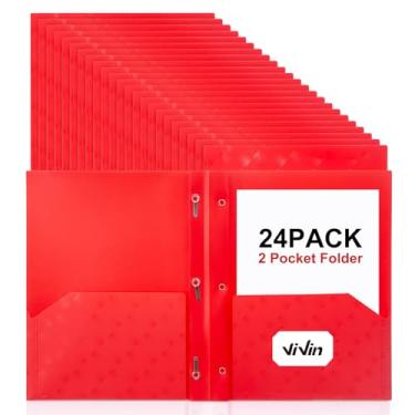 Imagem de ViVin Pastas de plástico com bolsos e pinos, pacote com 24, pasta de arquivos resistente com 2 bolsos com 3 fixadores, serve para papel tamanho carta, para escola, casa e escritório (vermelho