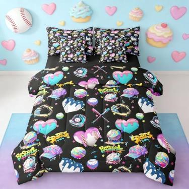 Imagem de Conjunto de edredom infantil de sorvete de beisebol, com lençóis, fronhas e capa de almofada, tamanho Queen, sobremesa de microfibra esportiva de beisebol, 7 peças, preto, rosa e azul, lavável na