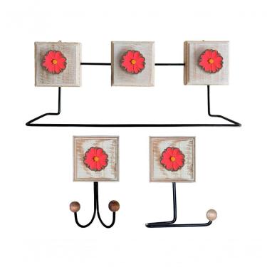 Imagem de Kit Banheiro 3 Peças Toalheiro Cabideiro Duplo Porta Papel Higiênico em Madeira de Demolição Estilo Vintage Vermelho