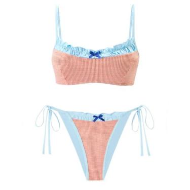 Imagem de Biquíni, fato de banho feminino ZAFUL, xadrez, cordão, babados, cintur