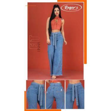 Imagem de Calça Jeans Feminina Wide Leg com Cinto Credencial Ref 10372, Jeans, 3