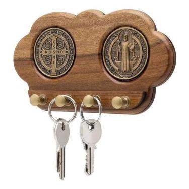 Imagem de Porta Chaves De Parede Em Madeira Com Medalha De São Bento AR4921 - Ar