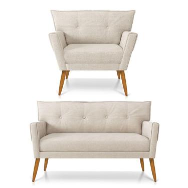 Imagem de Kit 01 Namoradeira 02 Lugares E 01 Poltrona Anitta Linho Pés Palito Castanho Cor A27 Areia