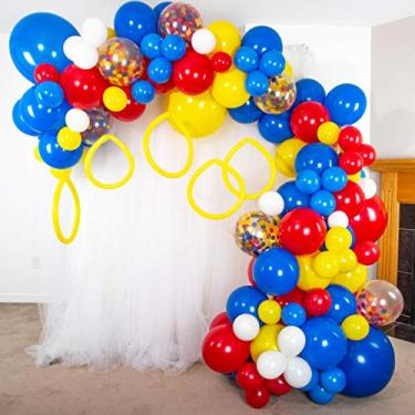 Imagem de SHIMMER & CONFETTI Premium Sonic the Hedgehog Balloon Arch and Garland Kit. Primary Color Rainbow Superhero Decorations. Circus Carnival Birthday Party Supplies. Red, Yellow, Royal Blue, and White Balloons.