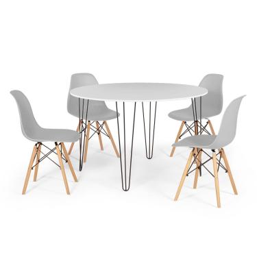 Imagem de Conjunto Mesa de Jantar Redonda Hairpin 120cm Branca com 4 Cadeiras Eames Eiffel - Cinza