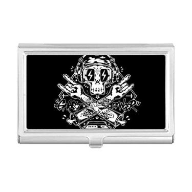 Imagem de Caveira preta ouvir música ilustrada, porta-cartões de visita, caixa de bolso