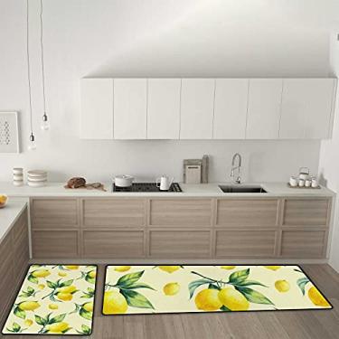 Imagem de Tapetes de cozinha padrão limão em amarelo antiderrapante conjunto de 2 tapetes de cozinha, tapete confortável antifadiga para sala de jantar, lavanderia, escritório