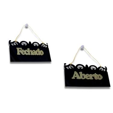Imagem de Placa Loja Aberto Fechado Acrilico Com Corrente E Ventosa preto com dourado