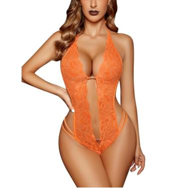 Imagem de Avidlove Lingerie feminina sexy de renda frente única body de pelúcia mini babydoll laranja GG, Laranja, X-Large