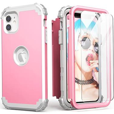 Imagem de IDweel Capa para iPhone 11 com protetor de tela (vidro temperado), híbrida, 3 em 1, à prova de choque, ajuste fino, proteção resistente, capa de policarbonato rígido de silicone macio, capa de corpo inteiro, rosa/cinza claro