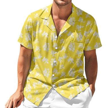 Imagem de Camisa havaiana masculina de verão, estampa floral, tropical, manga curta, botão de praia, Aloha com bolso, Amarelo, XXG