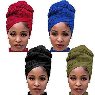 Imagem de Pacote com 4 pacotes de cabeças de turbante de jérsei elástico envoltório de cabeça africana para mulheres lenço de cabeça macio lenço de cabelo longo