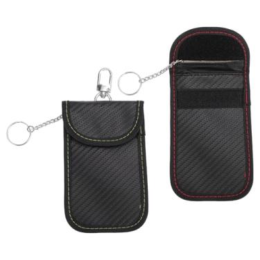 Imagem de VekAuto 2 peças, bolsa Faraday, bolsas de bloqueio de sinal RFID universais para acionador de partida sem chave de carro, protetor de chaveiro de fibra de carbono preto com gancho