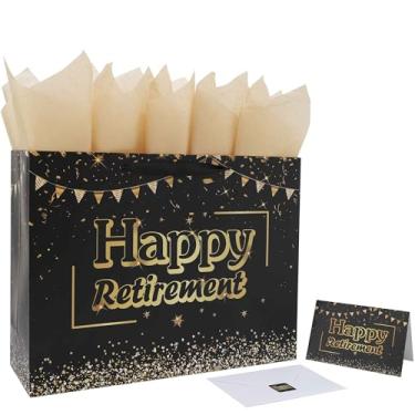 Imagem de Conjunto de sacolas de presente de aposentadoria preta extra grande de 42 cm com alças, cartão comemorativo, papel de seda e adesivos para homens e mulheres, colegas de trabalho, festa de despedida de
