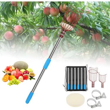 Imagem de Omninmo Mastro de colhedor de frutas com cesta, ferramenta telescópica ajustável de 9 a 2 m, cabo de aço inoxidável para maçãs de alta altitude, abacate, bolota, limão, pera, manga, colheita de árvore