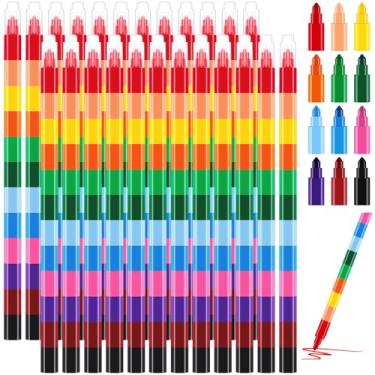 Imagem de COCPOK Giz de cera empilhável, 24 peças de giz de cera empilháveis para crianças, giz de cera montável, lembrancinha de festa, giz de cera colorido arco-íris para escrever desenho e colorir (12 cores)